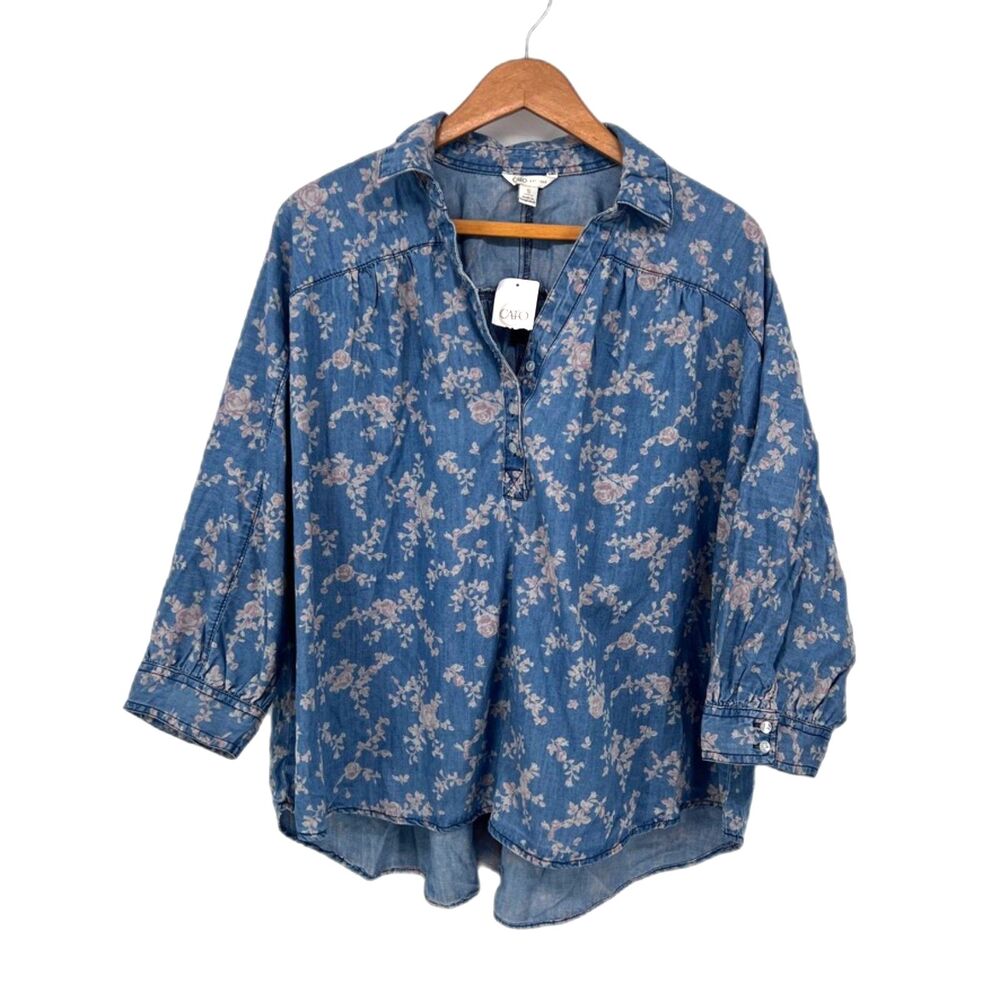 Cato NWT Chambray Floral‎ 1/4 Button Boxy Boho Cottage Core Peasant Top Size SM